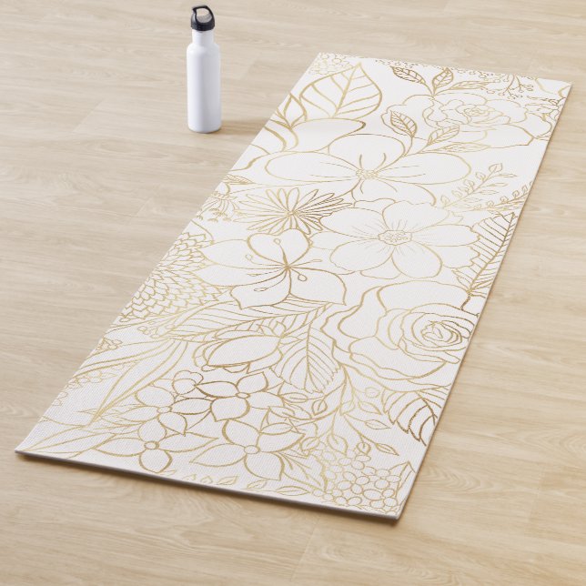 Modern Gold White Floral Doodles Line Art Yogamatte (Beispiel)