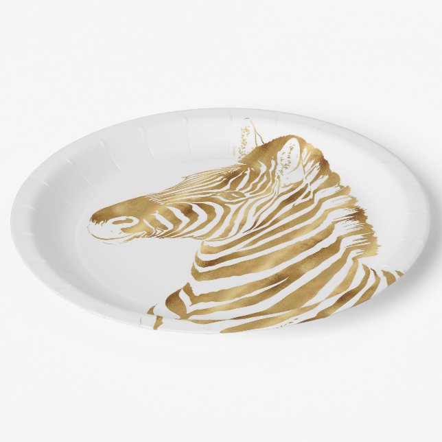 Modern Gold White Zebra Animal Safari Design Pappteller (Schrägansicht)