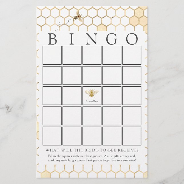 Modern Golden Bee Bridal Bingo Game Card (Vorderseite)