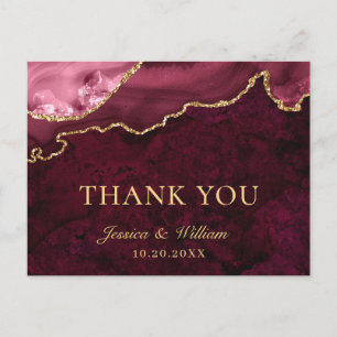 Modern Golden Burgundy Marble Wedding Vielen Dank Postkarte