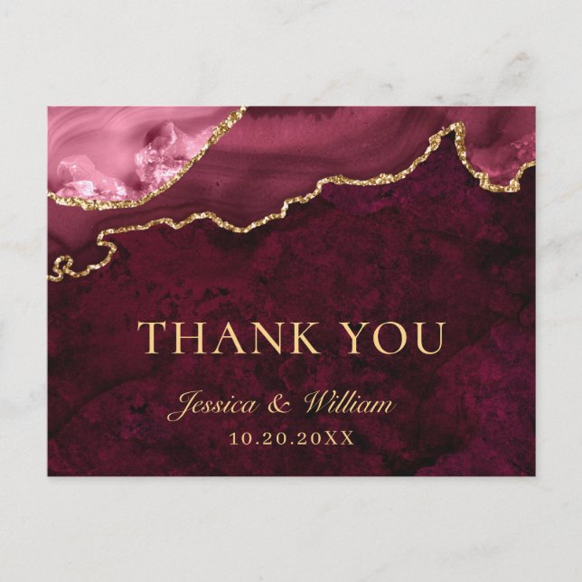 Modern Golden Burgundy Marble Wedding Vielen Dank Postkarte (Vorderseite)