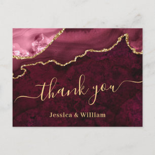 Modern Golden Burgundy Marble Wedding Vielen Dank Postkarte