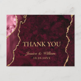 Modern Golden Burgundy Marble Wedding Vielen Dank Postkarte