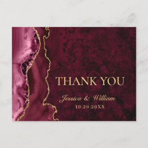 Modern Golden Burgundy Marble Wedding Vielen Dank Postkarte