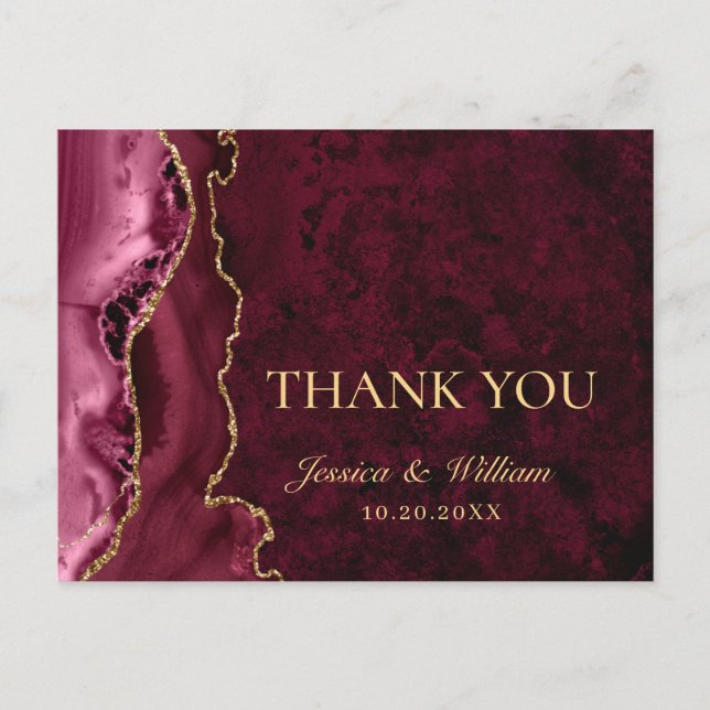 Modern Golden Burgundy Marble Wedding Vielen Dank Postkarte (Vorderseite)