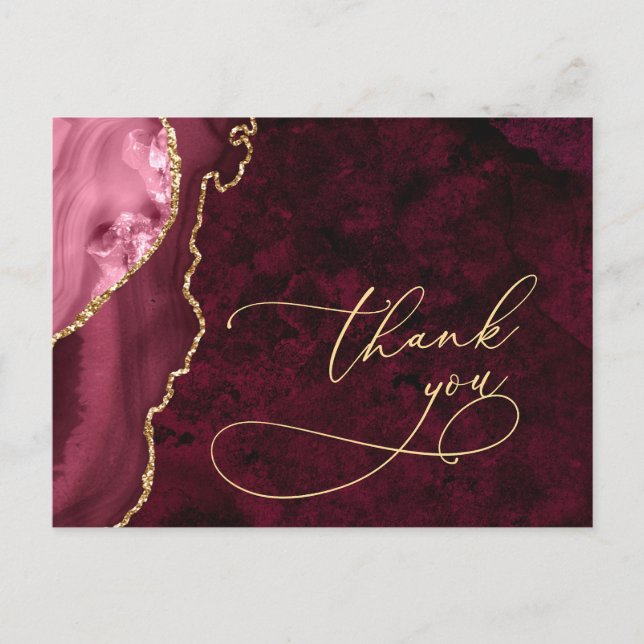 Modern Golden Burgundy Marble Wedding Vielen Dank Postkarte (Vorderseite)