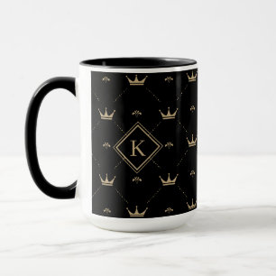 Modern Golden Crown Pattern Monogram Initial Black Tasse