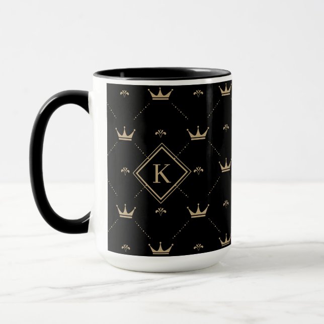 Modern Golden Crown Pattern Monogram Initial Black Tasse (Links)
