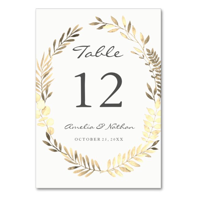 Modern Golden Leaf Kraut Tischnummer Cards (Vorderseite)