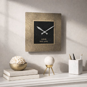 Modern Golden-Leder & Schwarz Minimalistisch Quadratische Wanduhr