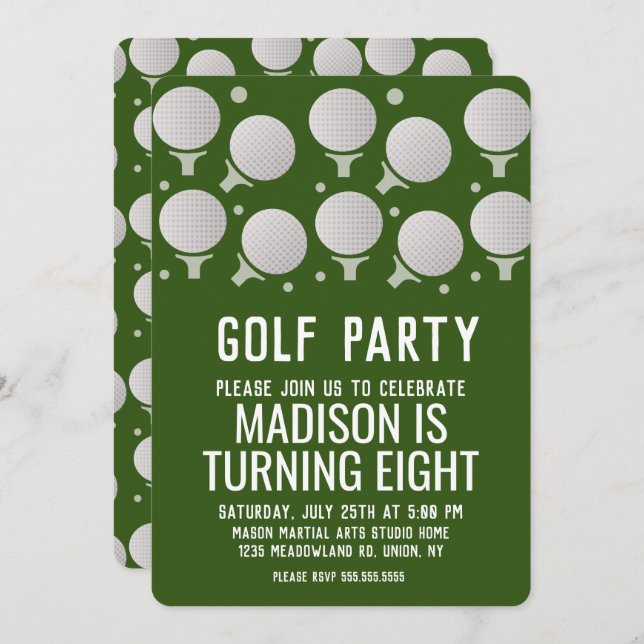 Modern Golf Balls Birthday Party Green Einladung (Vorne/Hinten)