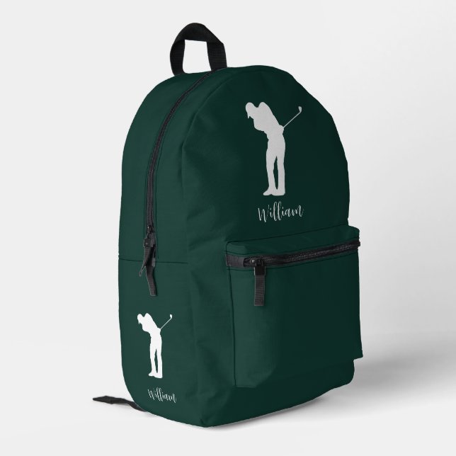 Modern Golfer Silhouette Script Monogram Green Bedruckter Rucksack (Rückseitige Ecke links)
