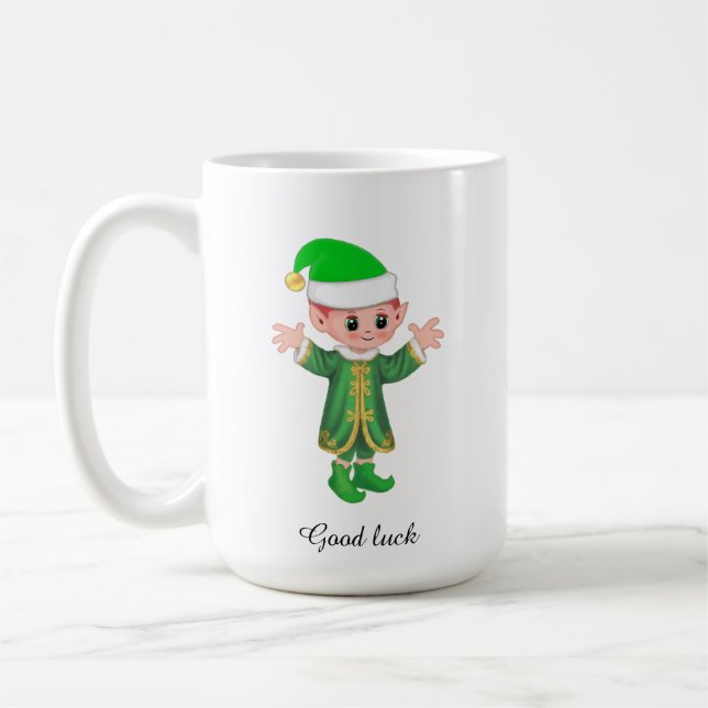 Modern Good Luck Elf and Script Mug Kaffeetasse (Links)