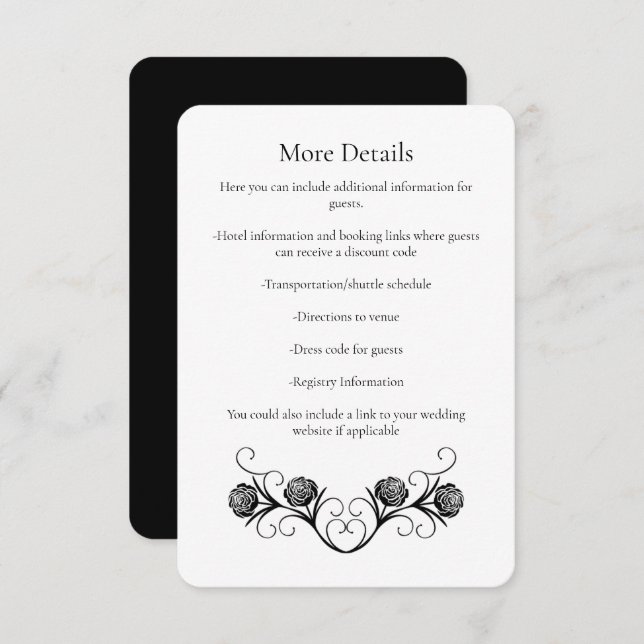 Modern Gothic Rose Swirls Black and White Wedding Begleitkarte (Vorne/Hinten)