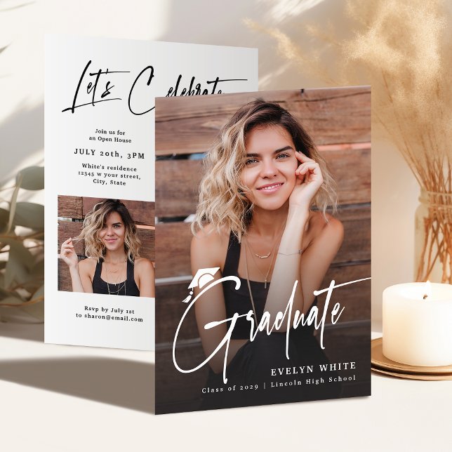 Modern Grad Cap Script 4 Photo Simple Graduation Einladung (Modern Grad Cap Script 4 Photo Simple Graduation Invitation)