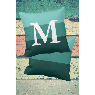 Modern Gradient Teal Stripes Big Letter Monogram Kissen