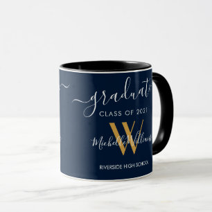 Modern Graduate 2021 Blue Gold Monogram Name Tasse