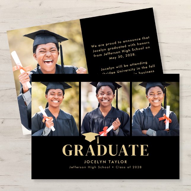 Modern Graduate Elegant Black 4 Photo Graduation Ankündigung (Von Creator hochgeladen)