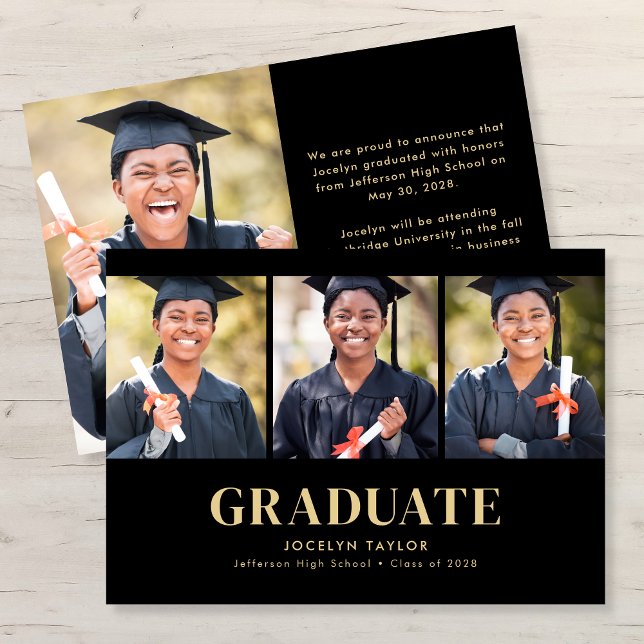 Modern Graduate Elegant Black 4 Photo Graduation Ankündigung (Von Creator hochgeladen)