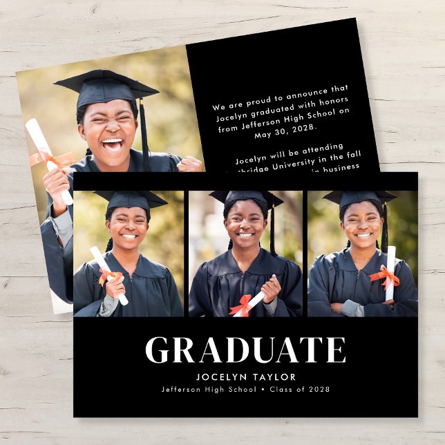 Modern Graduate Elegant Black 4 Photo Graduation Ankündigung (Von Creator hochgeladen)