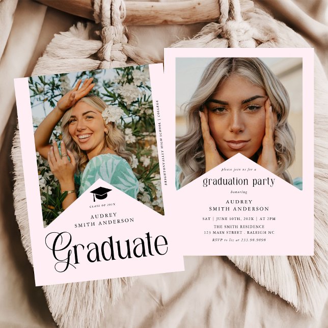 Modern Graduate Photo Graduation Party Ribbon Pink Einladung (Von Creator hochgeladen)