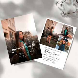 Modern Graduate White Script 4 Photos Graduation   Einladung