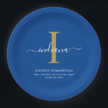 Modern Graduation Party Monogram Blue Minimalist Pappteller<br><div class="desc">Graduation 2026 Monogram Script Initial Name Grad Party Blue paper plates. Edit and customize with your own name,  initial,  school name and class by clicking the "Personalize" button.</div>