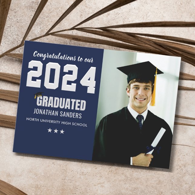 Modern Graduation Party with 1 Photo in Blue Einladung (Von Creator hochgeladen)