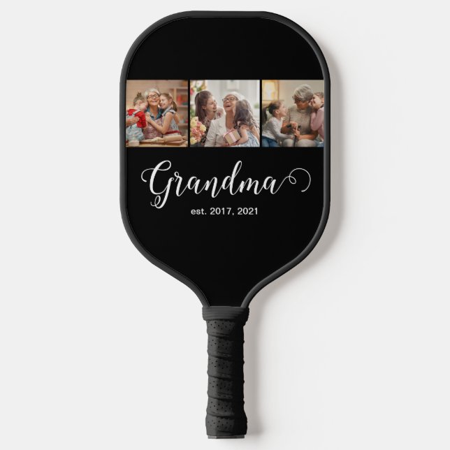 Modern Grandma Established 3 Photo White Script Pickleball Schläger (Vorderseite)