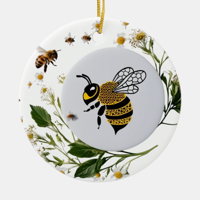 Modern Graphic Bee Botanical Wreath Ceramic Circle Keramik Ornament (Vorne)
