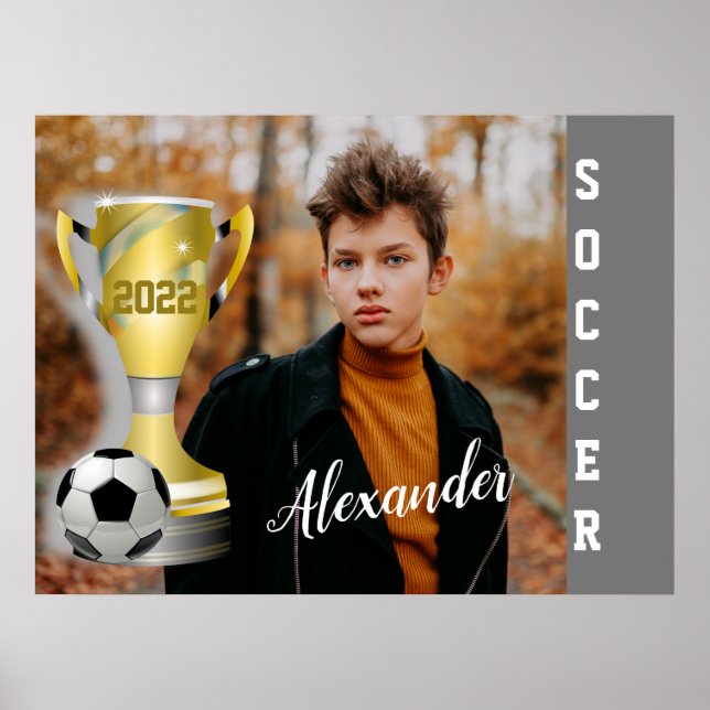 Modern Grau Soccer Sports Foto & Name Poster (Vorne)