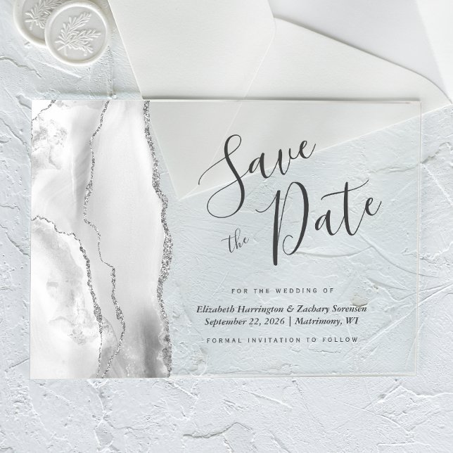 Modern Grau White Silver Agate Save the Date Karte Acryleinladungen (Von Creator hochgeladen)