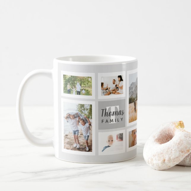 Modern Gray Monochrome Family Foto Collage Kaffeetasse (Mit Donut)