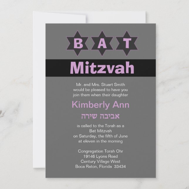 Modern Gray & Pink Bat Mitzvah Stars Hebräischer N Einladung (Vorderseite)