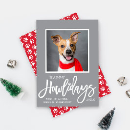 Modern Gray Red Happy Howlidays Puppy Dog Foto Feiertagskarte
