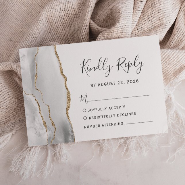 Modern Gray White Gold Agate Wedding RSVP Card (Von Creator hochgeladen)