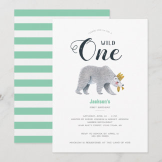 Modern Green Adventure Bären Animal First Birthday Einladung