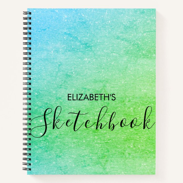 Modern Green Blue Ombre Glitzern Name Sketchbook Notizbuch (Vorderseite)