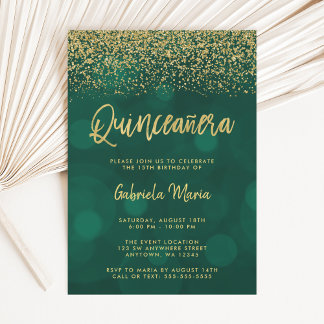 Modern Green Bokeh Gold Glitter Quinceanera Einladung