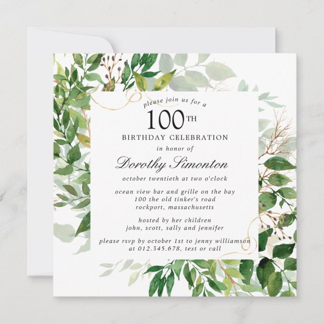 Modern Green Botanical 100. Geburtstag Einladung (Vorderseite)