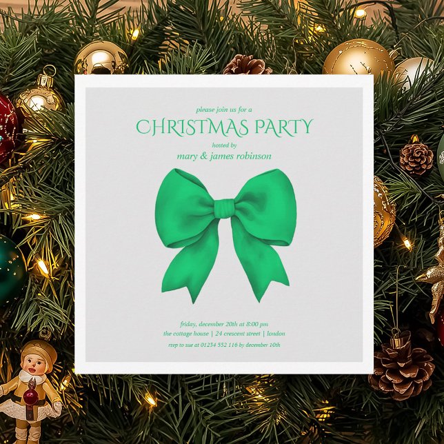 Modern Green Bow Weihnachtsfeier Einladung (Modern Green Bow Christmas Holiday Party Invitation)