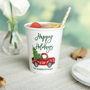 Modern Green Brush Script Holiday Red Truck Pappbecher