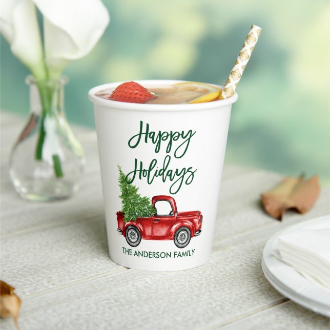 Modern Green Brush Script Holiday Red Truck Pappbecher (In Situ)