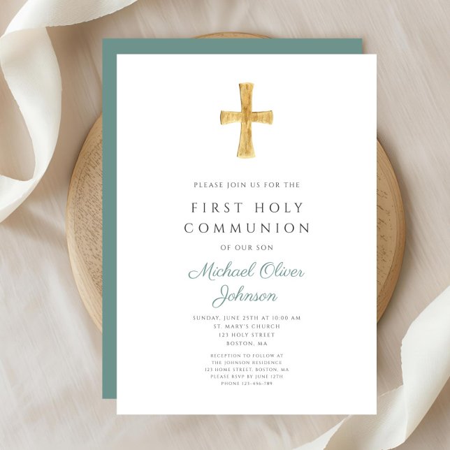Modern Green Cross Boy First Heilige Kommune Einladung (Modern Green Cross Boy First Holy Communion Invitation )
