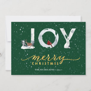 Modern Green Elegant Gold Script JOY Snow Overlay Feiertagskarte