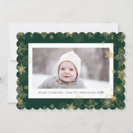 Modern Green Elegante Script Snowflakes Bokeh Feiertagskarte