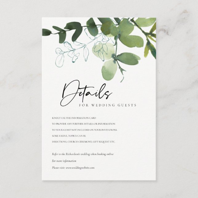 MODERN GREEN EUCALYPTUS GROVE WEDDING DETAILS BEGLEITKARTE (Vorderseite)