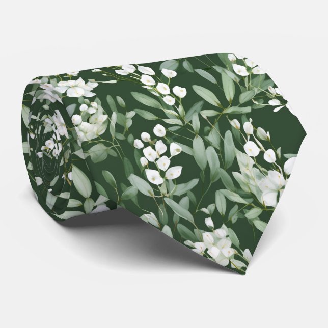 Modern Green Eucalyptus White Blume Pattern Krawatte (Gerollt)
