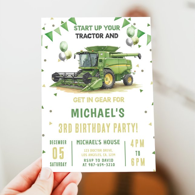 Modern Green Farm Tractor 3rd Birthday Invitation Einladung (Von Creator hochgeladen)