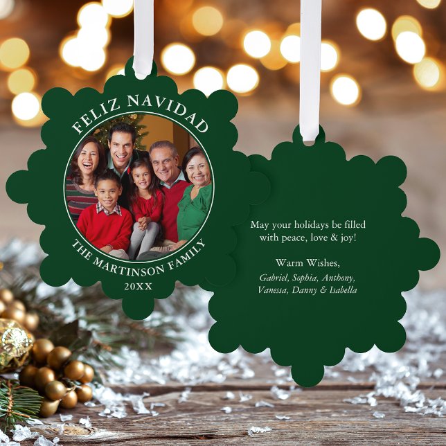Modern Green Feliz Navidad Foto Ornament Karte (A greeting card that is also an ornament! Customize with your photo and personalized text.)